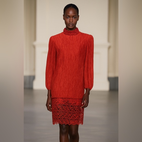 Pierre Labiche Dress Womens 14 Red Pleated Lace Hem Mock Neck Made USA Party